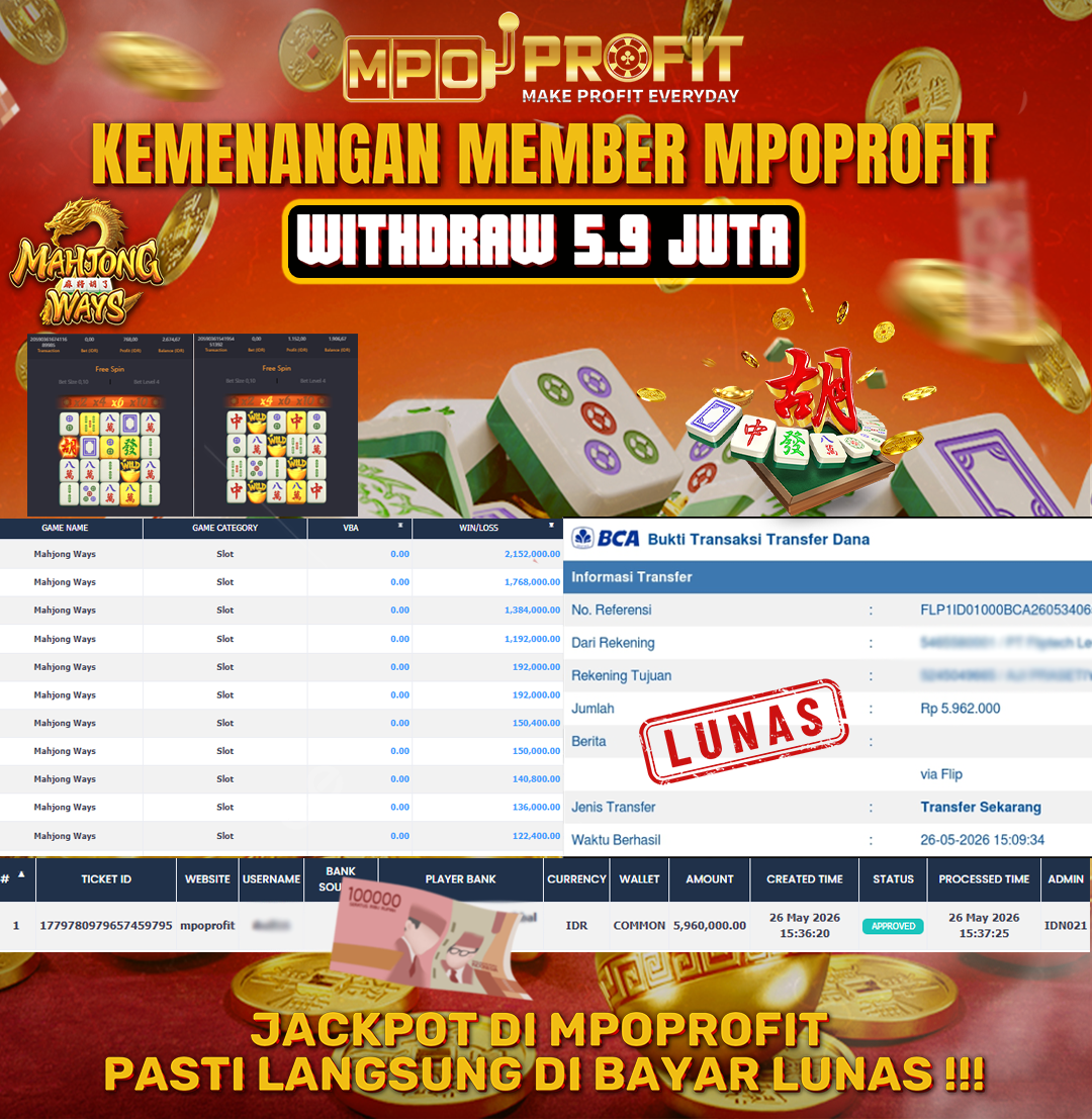 MPOPROFIT JACKPOT SLOT PGSOFT! KEMENANGAN MURNI DI (MAHJONG WAYS TOTAL RP. 5.900.000,- LUNAS)